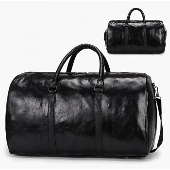 Men's Large Black Leather Travel Bag with Shoe Storage