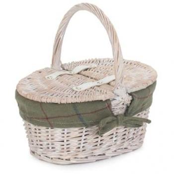 Childs White Wash Lidded Wicker Basket – Green, Cotton Lining