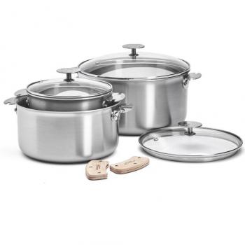 Trio de casseroles De Buyer Alchimy Loqy 16-20-24 cm, poignée détachable et couvercle gris