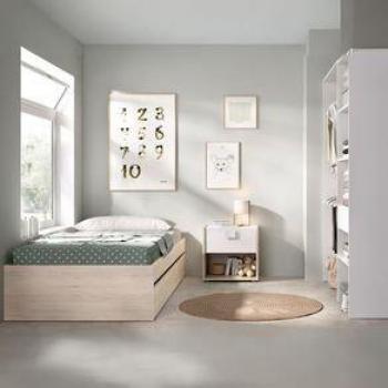 Conjunto de cama, mesita y armario Lago Pack 9 de Dekit Grupo Rimobel en acabado natural