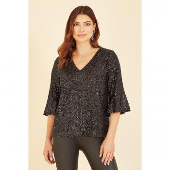 Yumi Women's Black Sequin Flare Sleeve Top