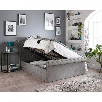 Aspire Single Size Light Grey Brushed Velvet Fabric Chesterfield Storage Bed with Ottoman
