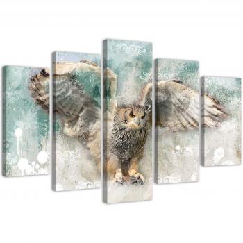 Feeby Vijfdelige Wanddecoratie, Uil in de Lucht 100x70 Groen