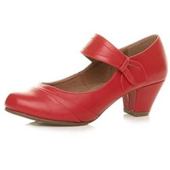 AJVANI Red Mid Block Heel Comfort Mary Jane Faux Leather Court Shoes
