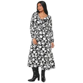 Women's Petite Mono Floral Print Ruffle Front Midi Dress