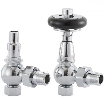 Chrome Thermostic Radiator Valve with Black Wooden Handle & Lockshield