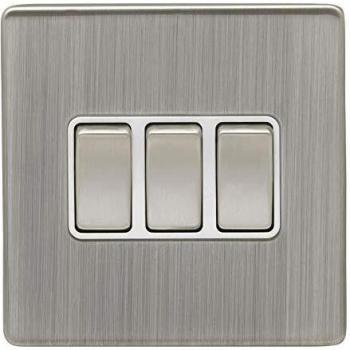 EUROLITE Triple 10A 2-Way Switch, 3-Gang, Brushed Satin Nickel, Screwless Flat Plate, White Trim
