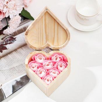 Heart Shaped Wooden Box with Handmade Soap Flowers for Valentine's Day