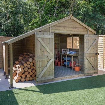 Forest Timberdale 10ft x 8ft Apex Shed with Double Doors & Log Store, Pressure Treated, Tongue and Groove Flooring, 25-Year Guarantee
