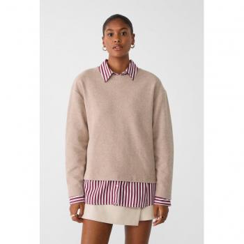 Stradivarius Langärmertop mit Rundhalsausschnitt – Beige Melange L