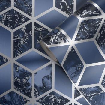 Elixir Cube Blue & Silver Geometric Marble Wallpaper