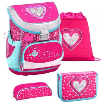 Belmil Schulranzen Set 4-teilig für Mädchen 1, 2 Klasse Grundschule/Super Leicht 750-800 g/Brustgurt/Herz, Heart/Pink