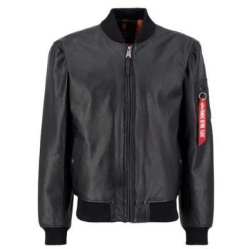 Alpha Industries Black Leather Bomber Jacket with Zip, Sizes XL, S