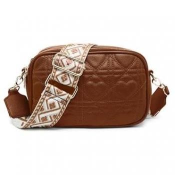 One-Size Dark Brown Quited Heart Crossbody with Double Zip and Top Sections