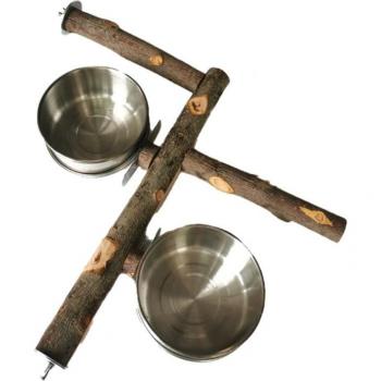 Wooden Bird Perch Kit with Stainless Steel Feeding Cups, Climbing Bar, Parrot Paw Grinder – One Set