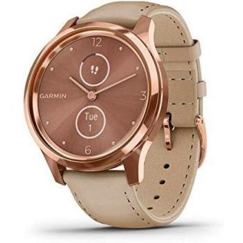 Garmin Vivomove Luxe Hybrid-Uhr – Roségoldgehäuse, Sandlederarmband, Analog/Digital (010‑02241‑01)