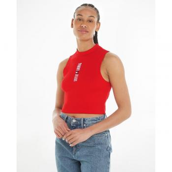 Top sin mangas Tommy Jeans Archive Rojo para mujer con textura acanalada y logo