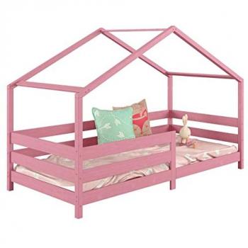 Lit cabane RENA en pin massif lasuré rose avec barrières de protection