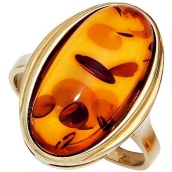 Damen-Goldring mit orangefarbenem Bernstein – 375 Gold, Gr. 50