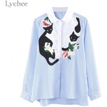 Blusa Suelta de Mujer con Bordado de Gato y Flores