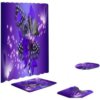 4pcs Polyester Toilet Mat and Shower Curtain Set