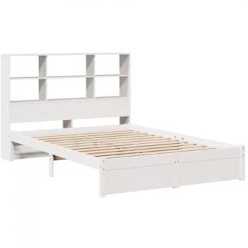 Lit bibliothèque en bois pin massif 140x190 cm blanc
