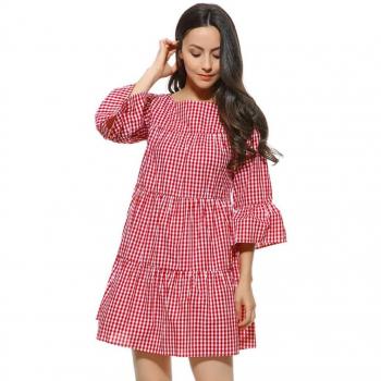 Femmes Robe, OverDose D'été Robe à Carreaux Vichy Droite à Manches Évasées (XL, Rouge)