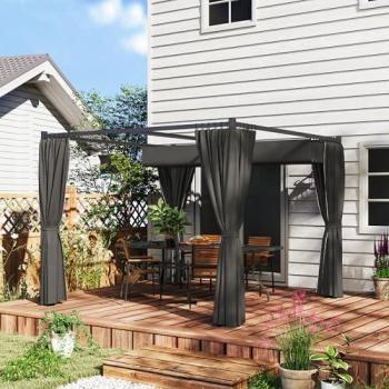 Charcoal Grey 3x3m Pergola with Curtains and Retractable Roof by Outsunny