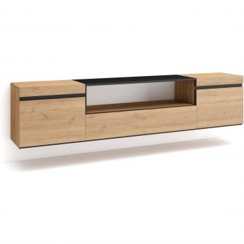 Meuble TV Design Suspendu 200x45x35cm Chêne et Noir