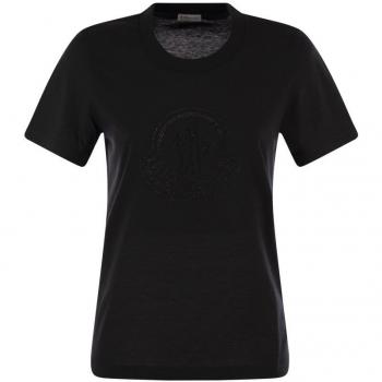 Moncler Classic Black Tee with Crystal Logo – Size L (Women)
