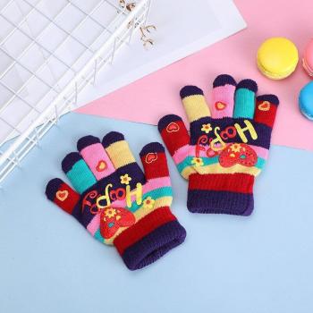 Full Finger Knit Gloves for Children with Colorful Heart and Star Motifs