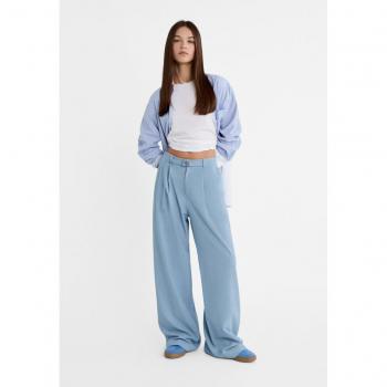 Stradivarius Smart Trousers with Buckle Denim Blue Size 6