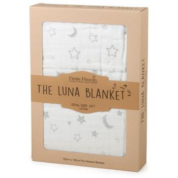 Luna Muslin Blanket by Petite Piccolo with Moon and Stars, 120cm x 120cm