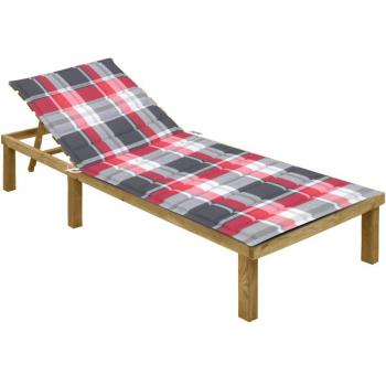 Chaise longue de jardin avec coussin carreaux rouges en bois de pin