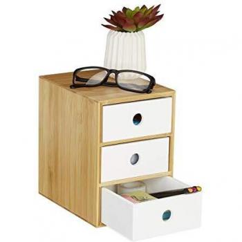 Relaxdays Office Storage Box, 3-Drawer Desk Organizer, HxWxD: 21 x 14.5 x 20 cm, Bamboo & MDF, White