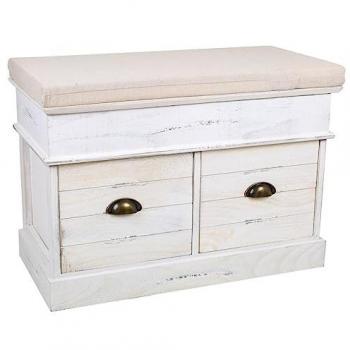 Banqueta Baúl de Madera Laca Blanco envejecido, 2 cajones de estilo clásico