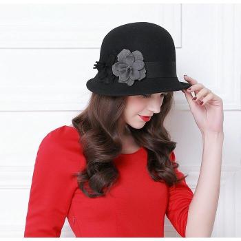Vintage Black Wool Felt Wide Brim Hat for Women