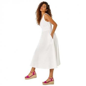Textured Stripe White Cotton Midi Dress with Button Detail