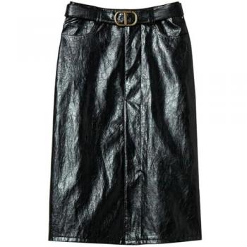 Black Leather Midi Skirt for Women, Size M