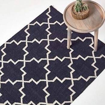Edmonton Navy Blue & White 100% Cotton Handwoven Geometric Pattern Kilim Rug, 160 x 230 cm
