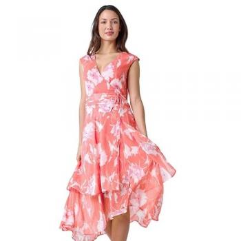 Roman Women's Coral Embellished Midi Dress