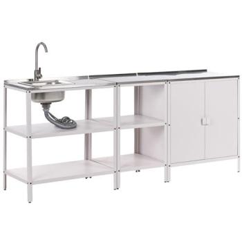 Set Cucina da Esterno Acciaio 3 Elementi Bianco con Armadietti Portaoggetti e Lavello Leva