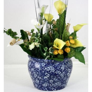Vintage Blue and White Daisies Ceramic Planter