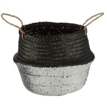 Elegant Black & Silver Small Seagrass Storage Basket