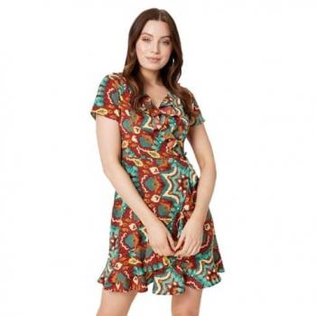 Red Printed Ruffle Front Wrap Dress