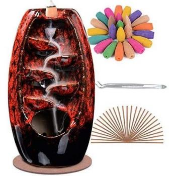SpaceKeeper Home Decor Backflow Incense Burner with Ceramic Material, Red Color, Includes 150 Incense Pieces (120 Cones + 30 Sticks)