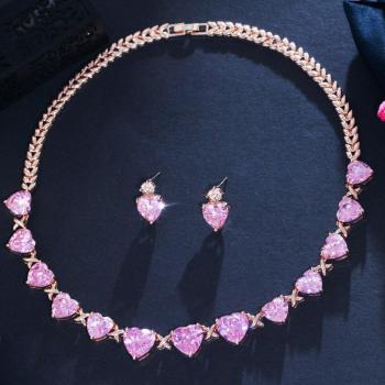 CWWZircons African Cubic Zirconia Pink Heart Wedding Necklace Set T555