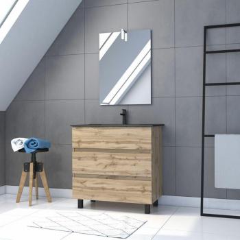 Meuble de bain 80x60 cm, chêne naturel + vasque noire + miroir LED – Timber 80