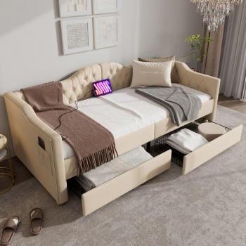 Canapé-lit Compact Velours Beige avec Rangement