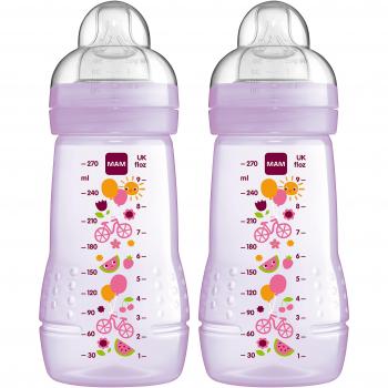 MAM Easy Active Baby Bottle Medium Flow Teats Size 2 Twin Pack 270ml Purple